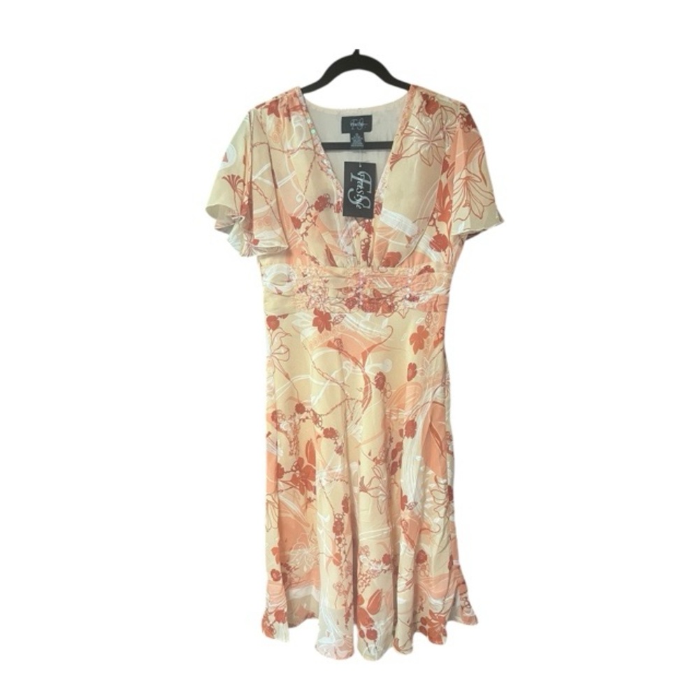 FreeStyle Vintage Peach Flutter Sleeve Beaded‎ Midi Dress NWT